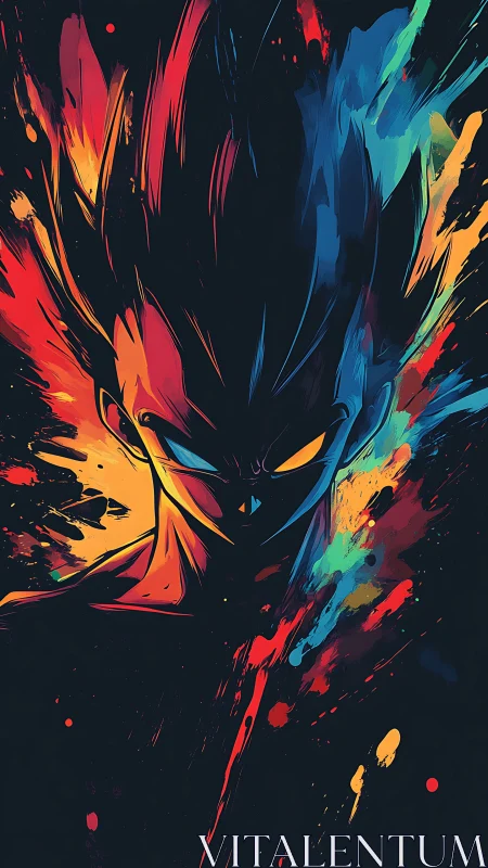 Silhouetted spiky-haired figure in multicolor abstract field.