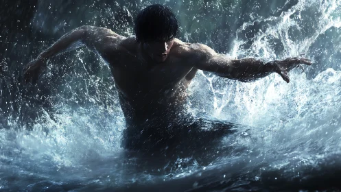 Dynamic digital painting of athlete immersed in explosive water motion.