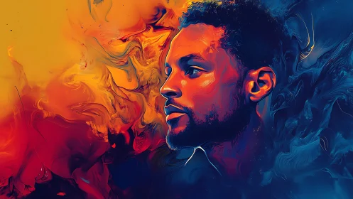 Profile portrait in abstract warm and cool color swirls.