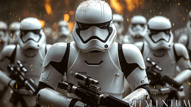 Armored sci fi soldiers stand in formation under falling sparks