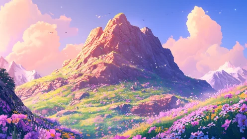 Mountain slope with wildflower meadow under bright pastel sky