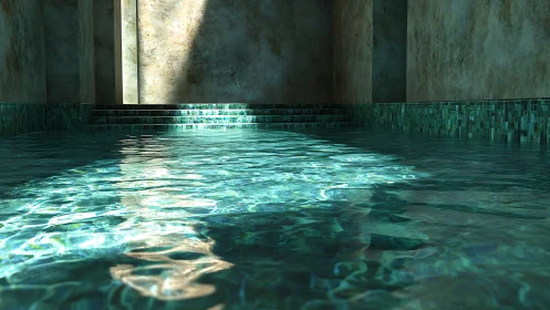 Sunlit hidden pool shimmers inside quiet stone sanctuary.