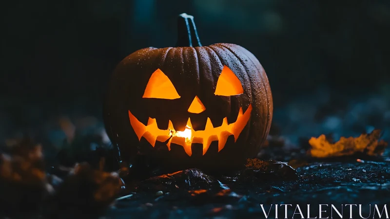 Glowing jack-o’-lantern grins in a dark, misty autumn night.