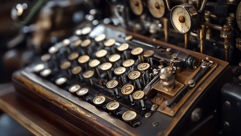 Vintage mechanical calculator with worn brass keys on desk.