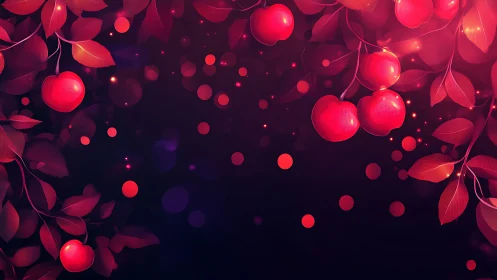 Crimson cherries glow over deep violet bokeh field.