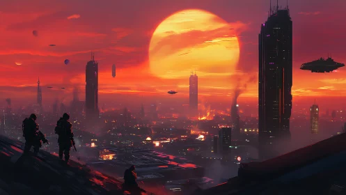 Futuristic soldiers overlooking burning sci fi megacity at dusk.