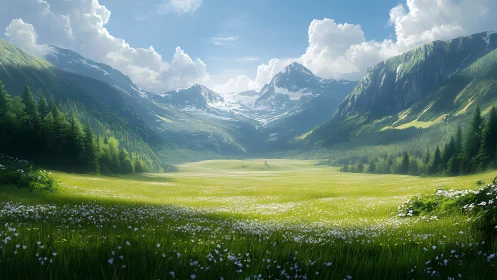 Mountain valley meadow extends between forested ridges