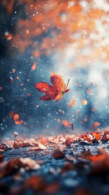 Autumn maple leaf suspended mid-fall in cinematic shallow focus
