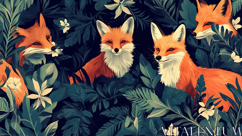Fox choir in midnight leaves, whispering luminous secrets.