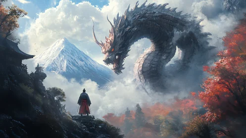 Wandering samurai meets a serene mountain sky dragon.