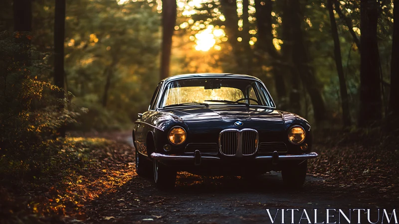 Vintage BMW coupe is parked on a narrow forest road