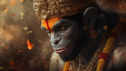 Monkey-headed deity portrait shows ornate golden crown and garlands