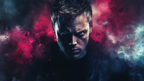 Intense blue eyed hero emerges from swirling cosmic smoke