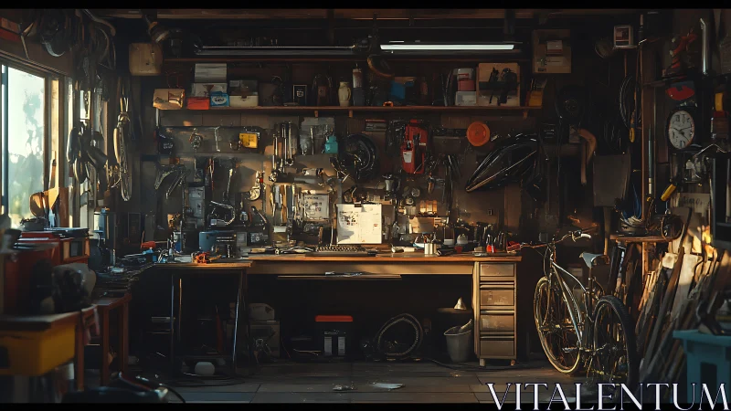 Busy bicycle repair workshop bench with tools and parts.