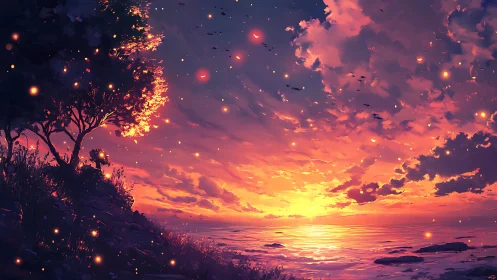 Firefly dusk over a glowing shoreline of quiet wonder.