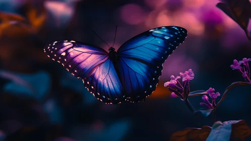 Iridescent blue butterfly hovers over blooms in bokeh dusk