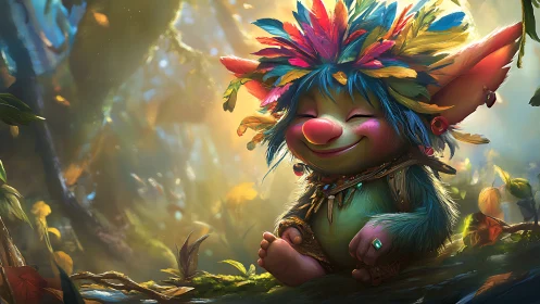 Forest sprite smiles serenely beneath radiant jungle light.