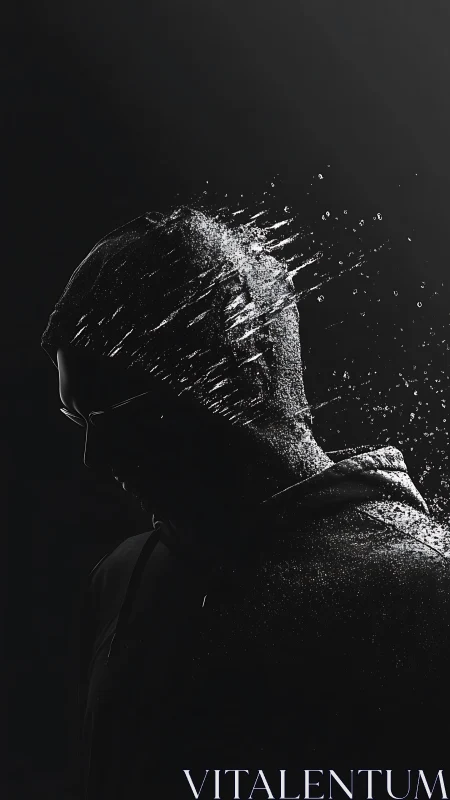 Shattering silhouette of a hooded ghost in grayscale dust storm.