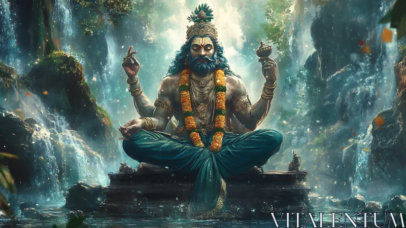 Seated blue-skinned deity amid waterfalls and dense foliage.