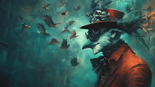 Bird-masked figure in red coat watches dark flock in mist