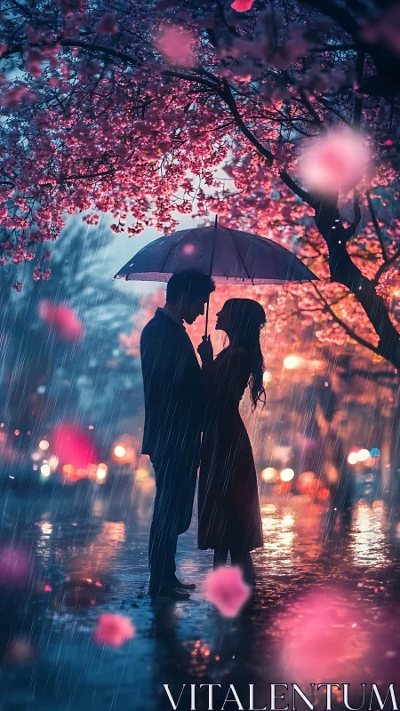Two silhouetted figures sharing an umbrella during rainfall beneath blooming trees