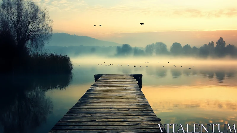 Wooden lakeside jetty receding into misty dawn horizon