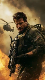 Armed soldier in combat gear amid smoke and fire.