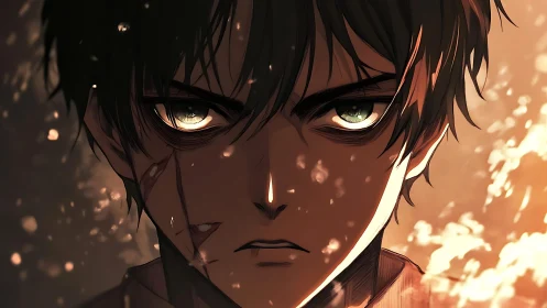 Intense anime boy with scars in warm fiery light.