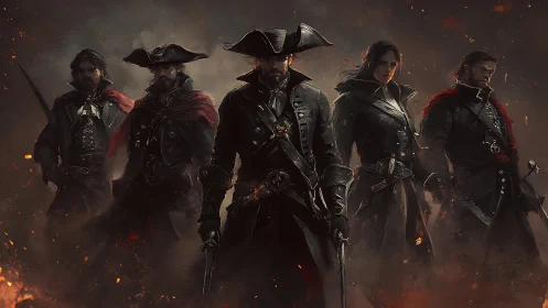 Militaristic quartet in baroque leather coats amid ember haze