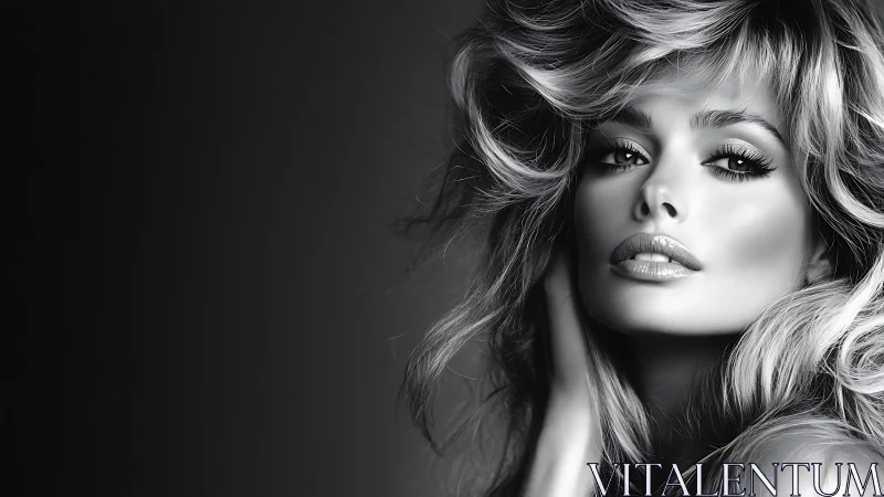 Velvet monochrome siren with storm-swept cinematic hair.