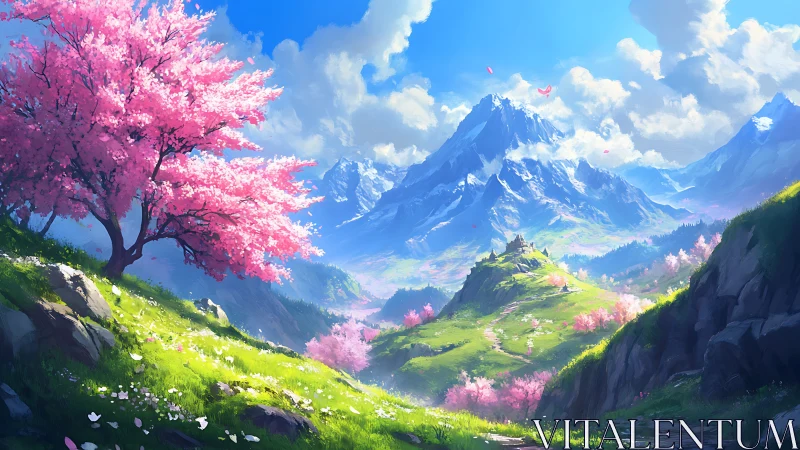 Blossoming spring valley opening to peaceful blue mountains.