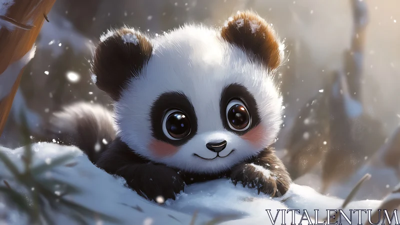 Hyper-detailed baby panda cub rendered in snowy forest light