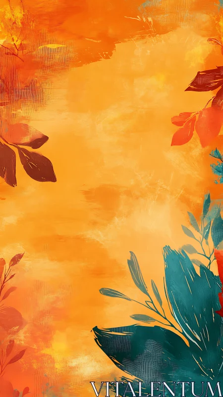 Autumn foliage abstraction with teal botanical silhouettes.