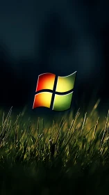 Glowing quad window emblem hovering above twilight grassland.