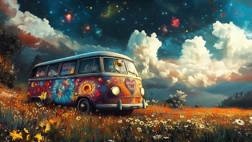 Starlit flower meadow road trip in a cosmic hippie van.