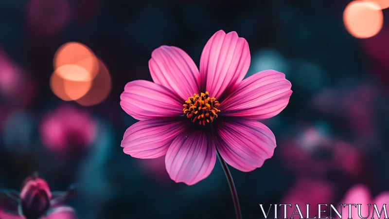 Cosmos flower bloom under diffused light with bokeh background.