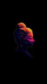 Neon gradient Buddha profile glows in tranquil darkness