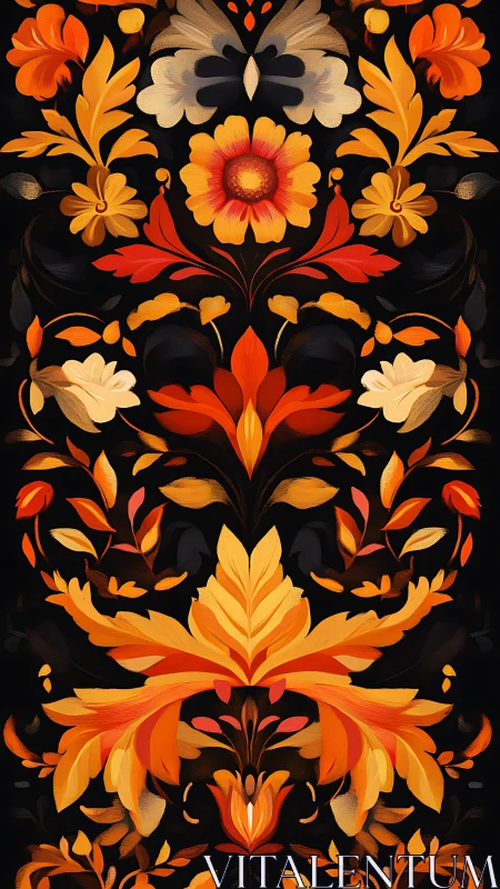 Symmetrical orange floral pattern on dark background.