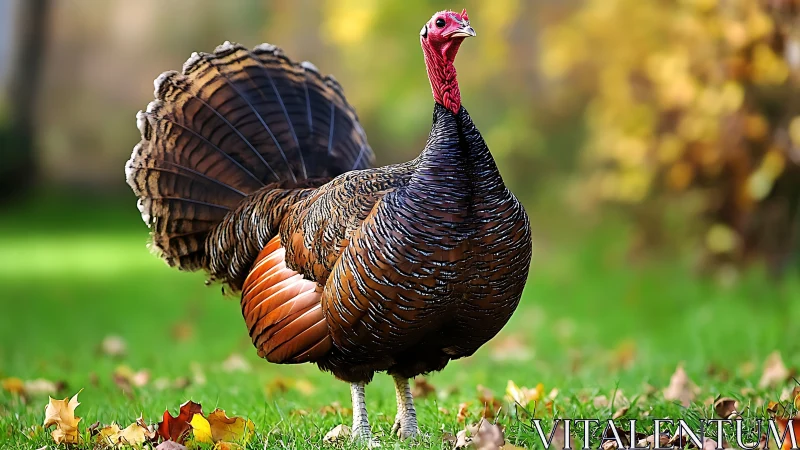 Wild turkey in autumnal field, vivid nature photography style.