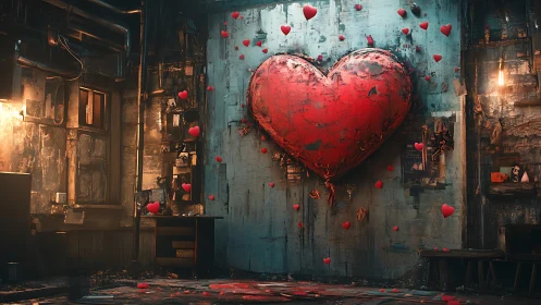 Monumental Red Heart Installation in Abandoned Urban Industrial Interior