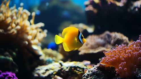 Golden reef wanderer gliding through coral daydreams.