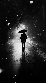 Backlit rain figure under umbrella in high-contrast streetscape.