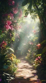 Sunlit stone path winding through dense tropical garden.
