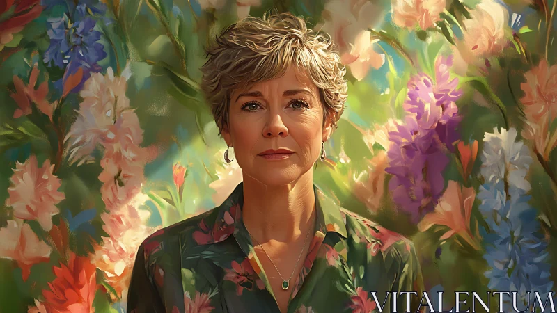 Mature woman stands against vibrant painterly floral backdrop