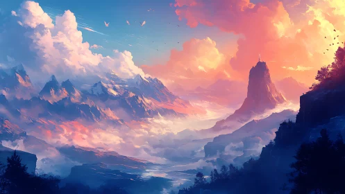 Sunrise over dreamlike mountains and a lone skyward spire.