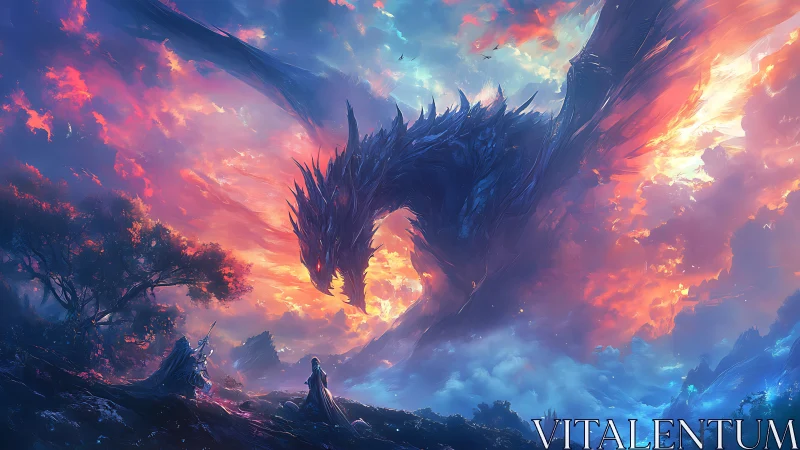 Skyfire dragon bows above twin mages at stormlit dusk.