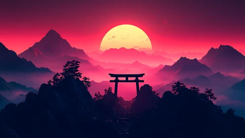 Torii silhouette before magenta sun over layered misty ranges
