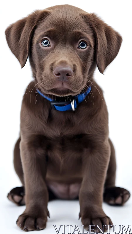 Chocolate labrador puppy sits centered on clean white background.