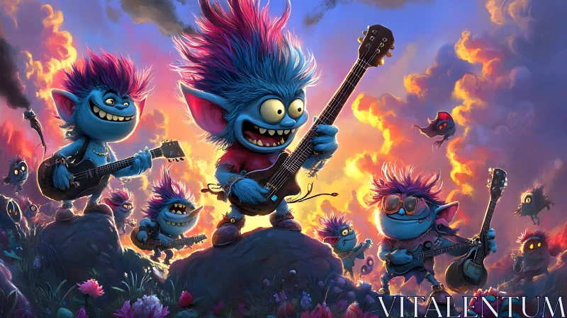 Blue cartoon creatures playing guitars in vivid sunset scene.