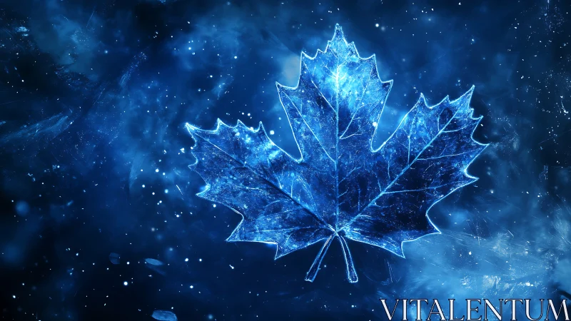 Glowing ice maple leaf on deep blue cosmic background.